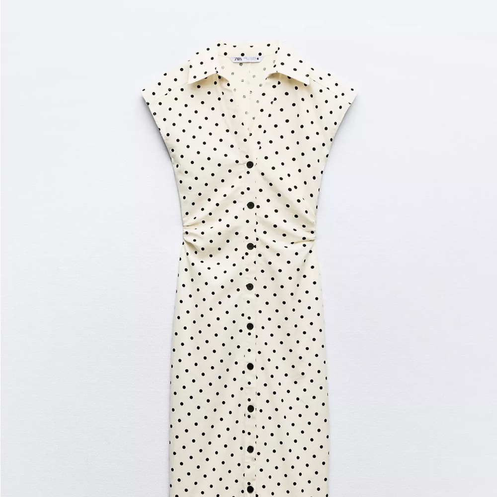 Zara Black and White Buttoned Midi Dress with Notched Collar